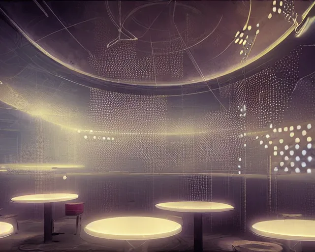 Prompt: futuristic cafe interior, binary code pattern, matrix, ismail inceoglu