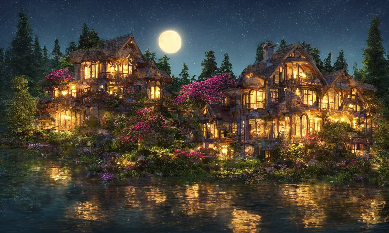 Image similar to a stunningly beautiful lake house in the moonlit nightscape, house by the reflective lake in the evening, dreamy, lamps and flowers, beautiful garden, highly detailed textures, perfect landscape, artstation, 4 k, soothing