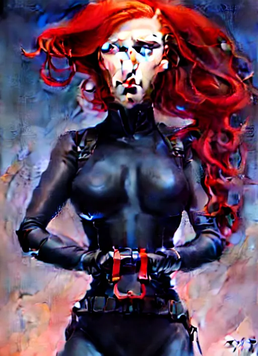 Image similar to peter mohrbacher, phil noto, artgerm, pretty scarlett johansson black widow, symmetrical eyes, long red hair, city rooftop