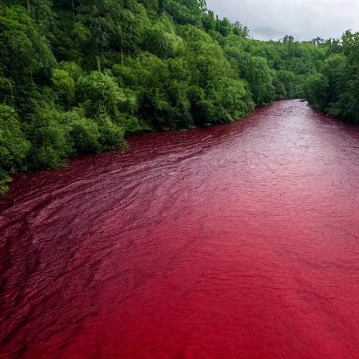 Image similar to hyper realistic photo of the river of blood, bodies floating downstream