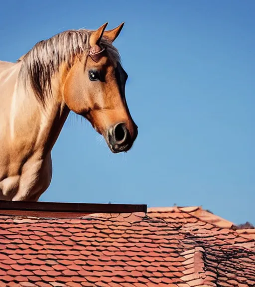 Prompt: low quality photo of a horse on the roof of a house