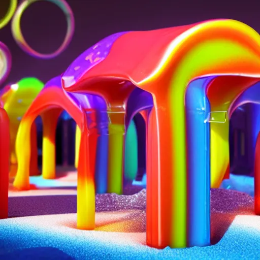 Image similar to playground made entire of gummy candy, octane render, highly detailed sugar, ue 5, realistic lighting, white background