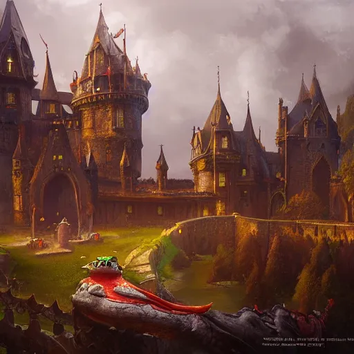 Image similar to a fantasy castle, frog perspective, dramatic lighting, city background, chiaroscuro, high detail, painted by greg rutkowski, painted by igor kieryluk, painted by bobby chiu, trending on artstation