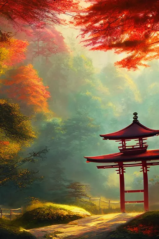 Image similar to traditional elegant delicate Japanese Torii in a colorful magic moutain with trees ,morning , sunshine ,by Grzegorz Rutkowski, concept art