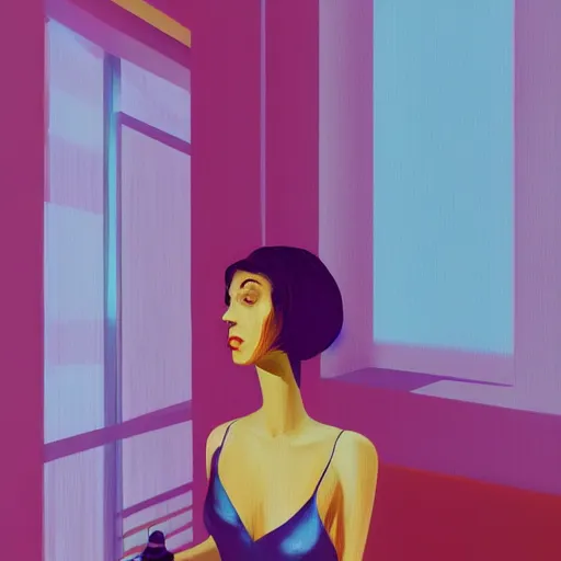 Image similar to closeup, giant flower head, woman next to modern windows, luxury apartment, surreal photography, dramatic light, impressionist painting, digital painting, artstation, james gilleard