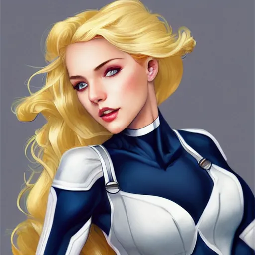 Prompt: a beautiful portrait of a beautiful cute superhero woman, blonde hair, matte navy - blue bodysuit, white cape, intricate, elegant, 8 k, highly detailed, digital painting, concept art, smooth, sharp focus, illustration, disney, anime, by artgerm and loish and wlop and alphonse mucha