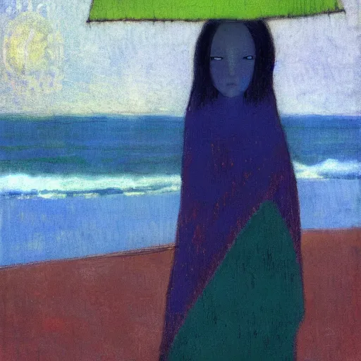 Image similar to glitch girl and very very tall monster wrapped in a blanket looks into the distance on the beach, in the rain, style by odilon redon, atmospheric