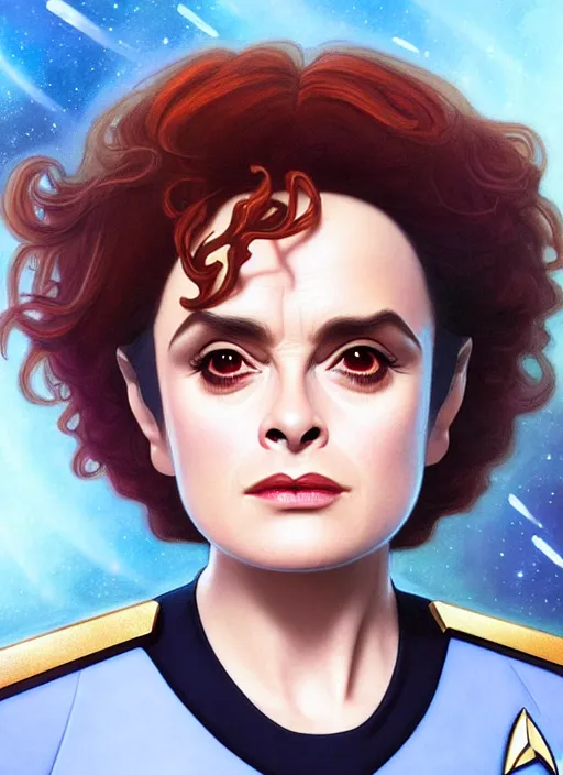 Prompt: cute star trek officer helena bonham carter, natural lighting, path traced, highly detailed, high quality, digital painting, by don bluth and ross tran and studio ghibli and alphonse mucha, artgerm