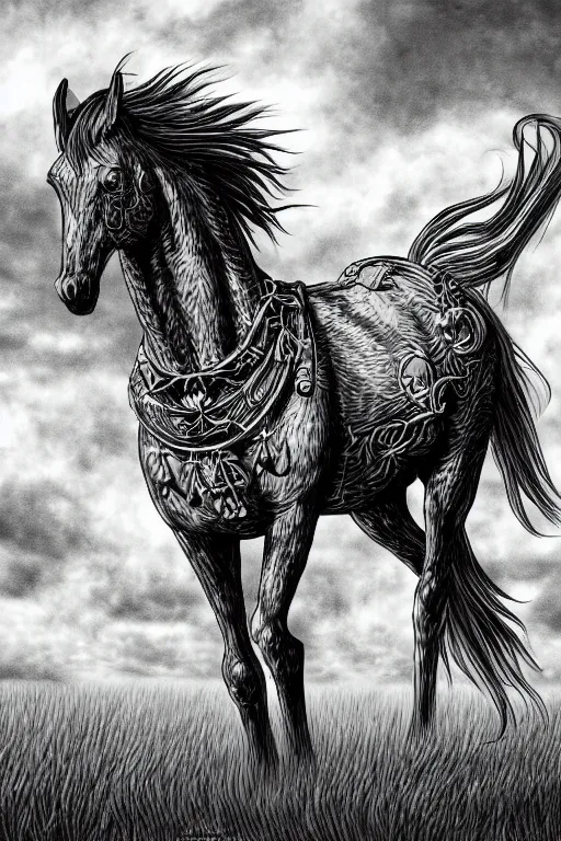 Image similar to horse in a field, symmetrical, highly detailed, digital art, sharp focus, trending on art station, kentaro miura manga art style