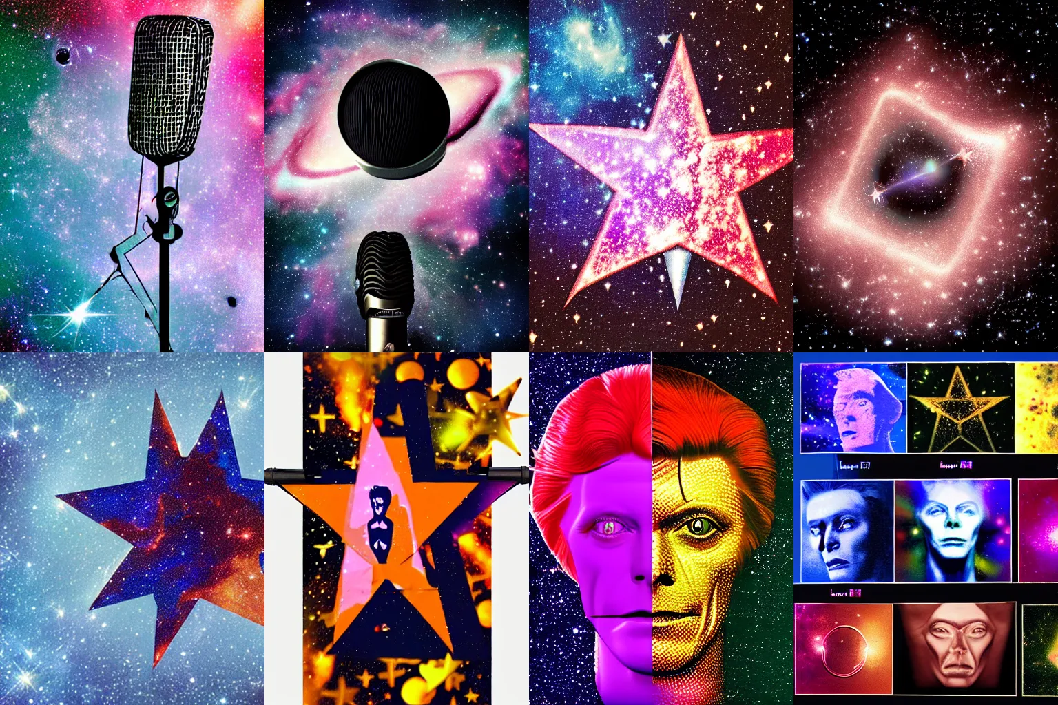 Prompt: microphone silluette, hermes trismegistus, david bowie face in star, stars, galaxy, milkyway, hubble photo, realistic photo, big nebula as clover, hyper realistic, detailed