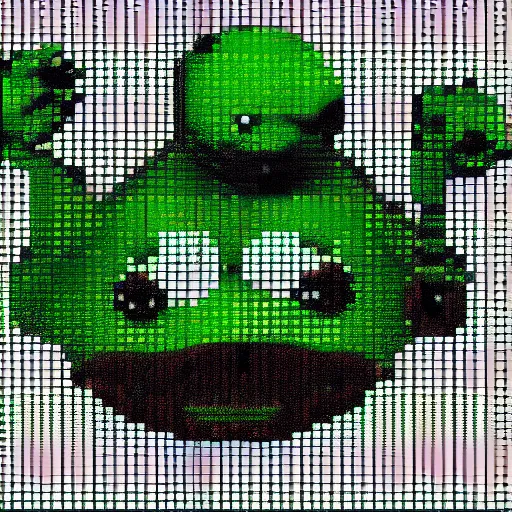 Prompt: glitched pepe the frog, corrupted pixels, dithered.