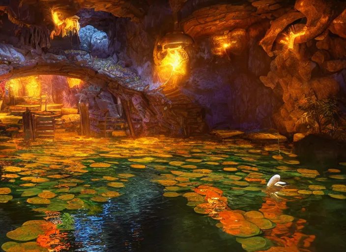 Image similar to magical mine illustration. fantasy, dramatic lighting, 8 k, sharp focus, global illumination, unreal engine, detailed and intricate environment, koi pond