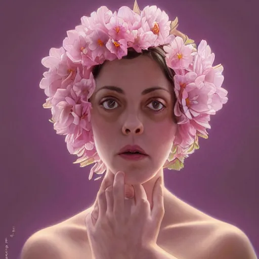 Image similar to pink petals with a ahape of a wonderful aubrey plaza and christina ricci and mila kunis and olivia newton john, intricate, elegant, highly detailed, wonderful eyes, sweet, digital painting, artstation, concept art, smooth, sharp focus, illustration, art by artgerm and greg rutkowski and alphonse mucha and william - adolphe bouguereau