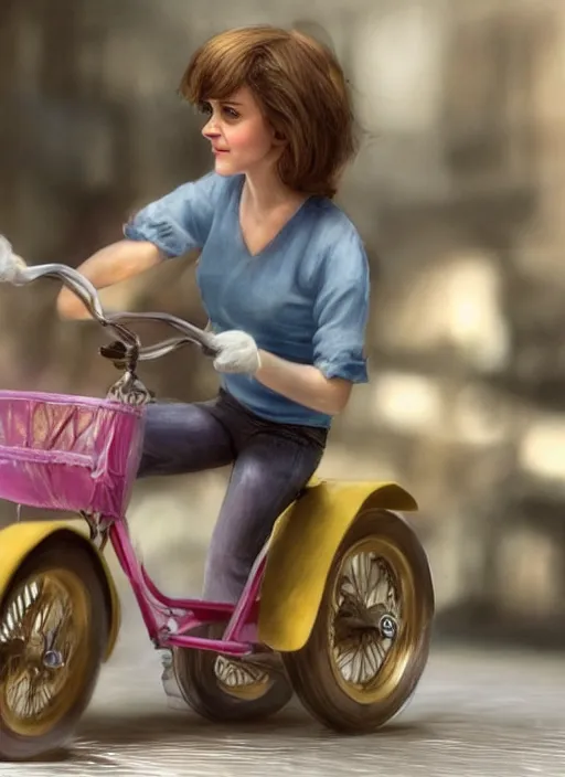 Prompt: hyperrealism emma watson riding a tricycle, light effect, hyper detailed, claymation, cartoon, detailed, realistic materials, sharp focus