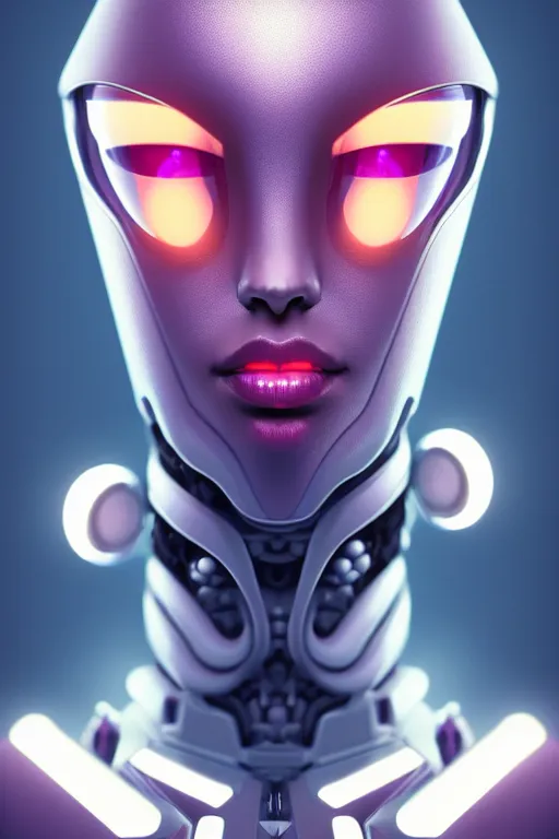Image similar to beautiful portrait of friendly attractive alien cute robot, style of Feng Zhu, Artstation geometric, aesthetic, smooth skin, unique features, symmetrical, intricate crown, high fashion, streetwear, cyberpunk, detailed, octane render, cinematic, 8k, purple skin, brown skin