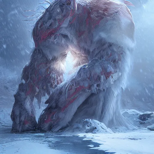 Image similar to A monster in the Arctic covered in snow, fractal Lighting, by Stanley Artgerm Lau, WLOP, Rossdraws, James Jean, Andrei Riabovitchev, Marc Simonetti, and Sakimichan, trending on artstation