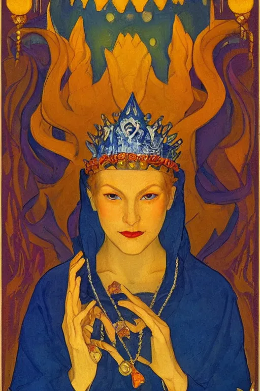 Image similar to lizard queen with her crown and lantern, by Nicholas Roerich and Annie Swynnerton, dramatic cinematic lighting , ornate headdress , flowing robes, sacred artifacts, lost civilizations, smooth, sharp focus, extremely detailed