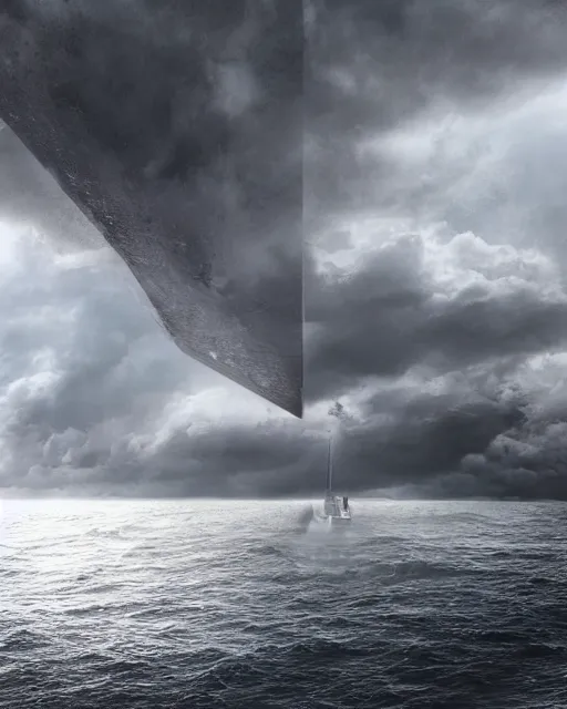 Prompt: establishing shot of a fishing boat on stormy seas, a gigantic star destroyer spaceship in the storm clouds flying overhead, star destroyer spaceship is emerging from storm clouds, stormy weather, dramatic lighting, unreal engine, hyper realism, realistic shading, cinematic composition, realistic render, octane render, detailed textures, photorealistic, ultrawide shot, 16mm lens