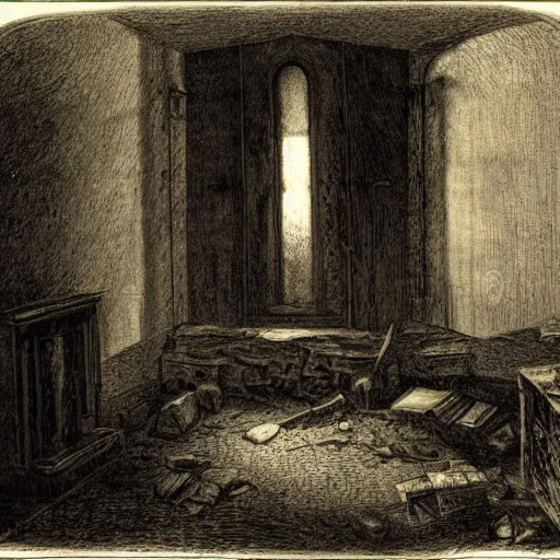 Image similar to living room of an abandonded house, illustration by Gustav Doré, Chiaroscuro, dramatic light