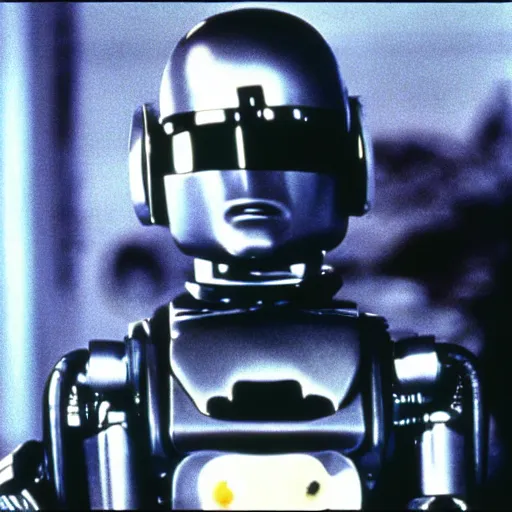 Image similar to danny devito as robocop, 35mm 1980s film still