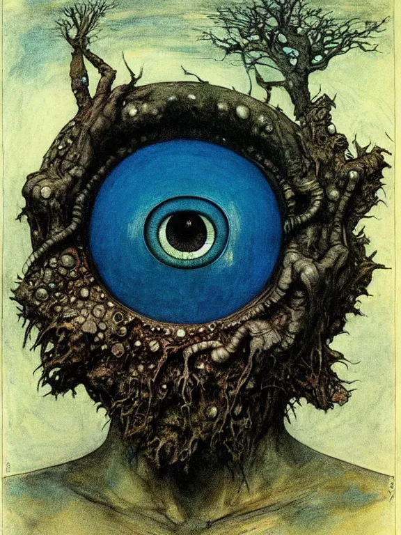 Image similar to one-eyed single-eyed blue-skinned Cyclops Polyphemus concept art with one huge eye. Extremely high detail, details, realistic, solo, masterpiece, colorful, art by Arthur Rackham, Muzinabu, Johann Tischbein, Zdzisław Beksiński