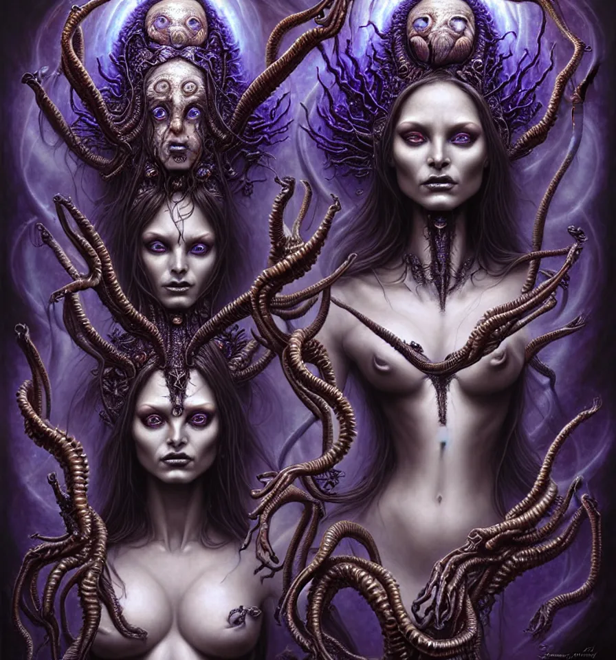 Image similar to A beautiful detailed alien goddess woman with 6 arms super dark tarot card, gorgeous model face by Stanley Artgerm, by tomasz alen kopera and Justin Gerard, 4 eyes, beautiful symmetrical features, ominous, magical realism, melting, texture, intricate, ornate, royally decorated, melting, whirling smoke, embers, purple adornments, blue torn fabric, radiant colors, fantasy, trending on artstation, volumetric lighting, micro details, 3d sculpture, ray tracing, 8k, anaglyph effect