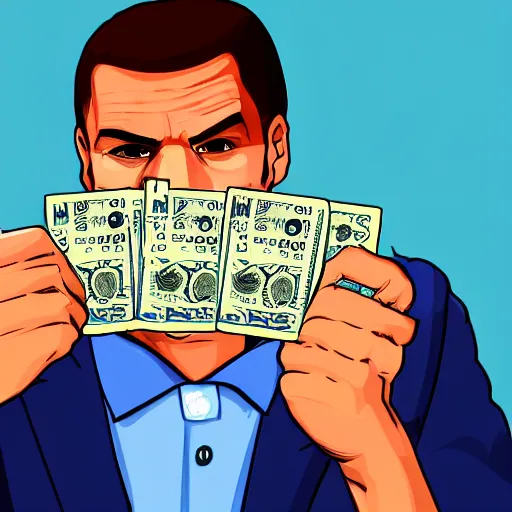 Prompt: a man holding a bunch of money to his face, gta loading screen, digital art,