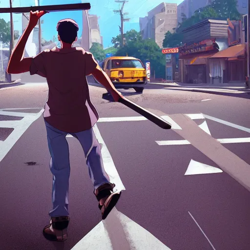 Prompt: a man swinging a 2 x 4 in the middle of the street in california by makoto shinkai, stanley artgerm lau, wlop, rossdraws