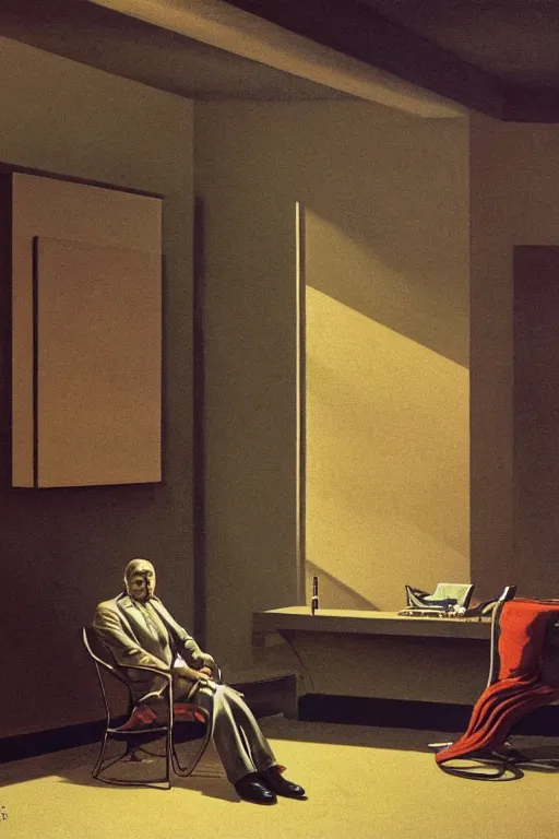 Prompt: Security guard sitting in a chair and watching an array of TV monitors while smoking a cigarette, highly detailed, soft lighting, elegant, Wayne Barlowe, Edward Hopper and James Gilleard, Zdzislaw Beksinski, Steven Outram, highly detailed