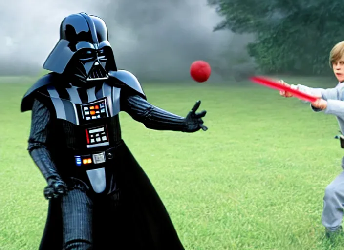 Image similar to film still of Darth Vader plays catch with Luke Skywalker in the new Star Wars movie, 4k