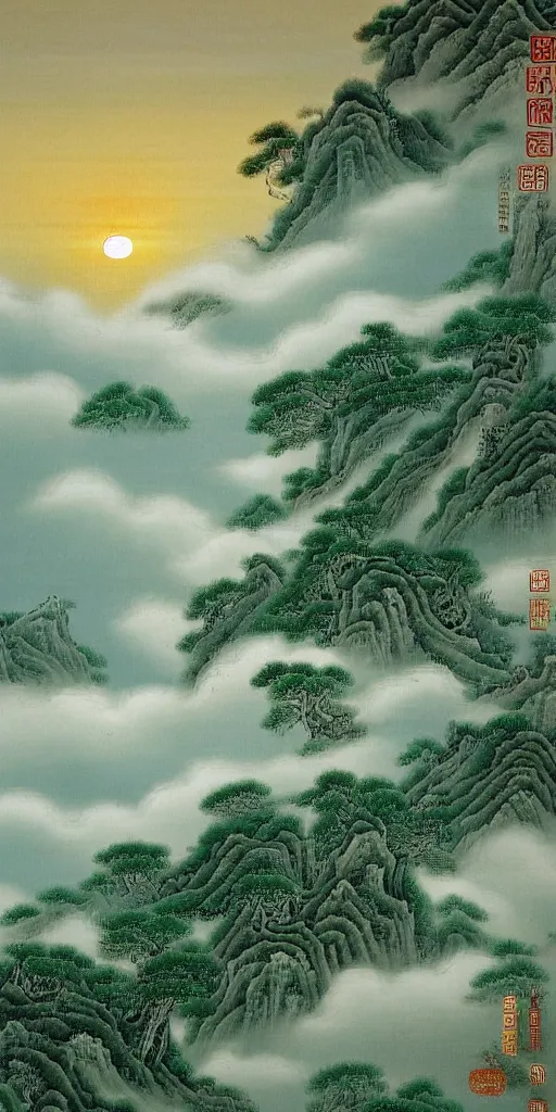 Image similar to chinese shanshui paiting, flowing clouds to the west, brushing across a pool of fresh green, the setting sun is like wearing a brocade cage and white clothes