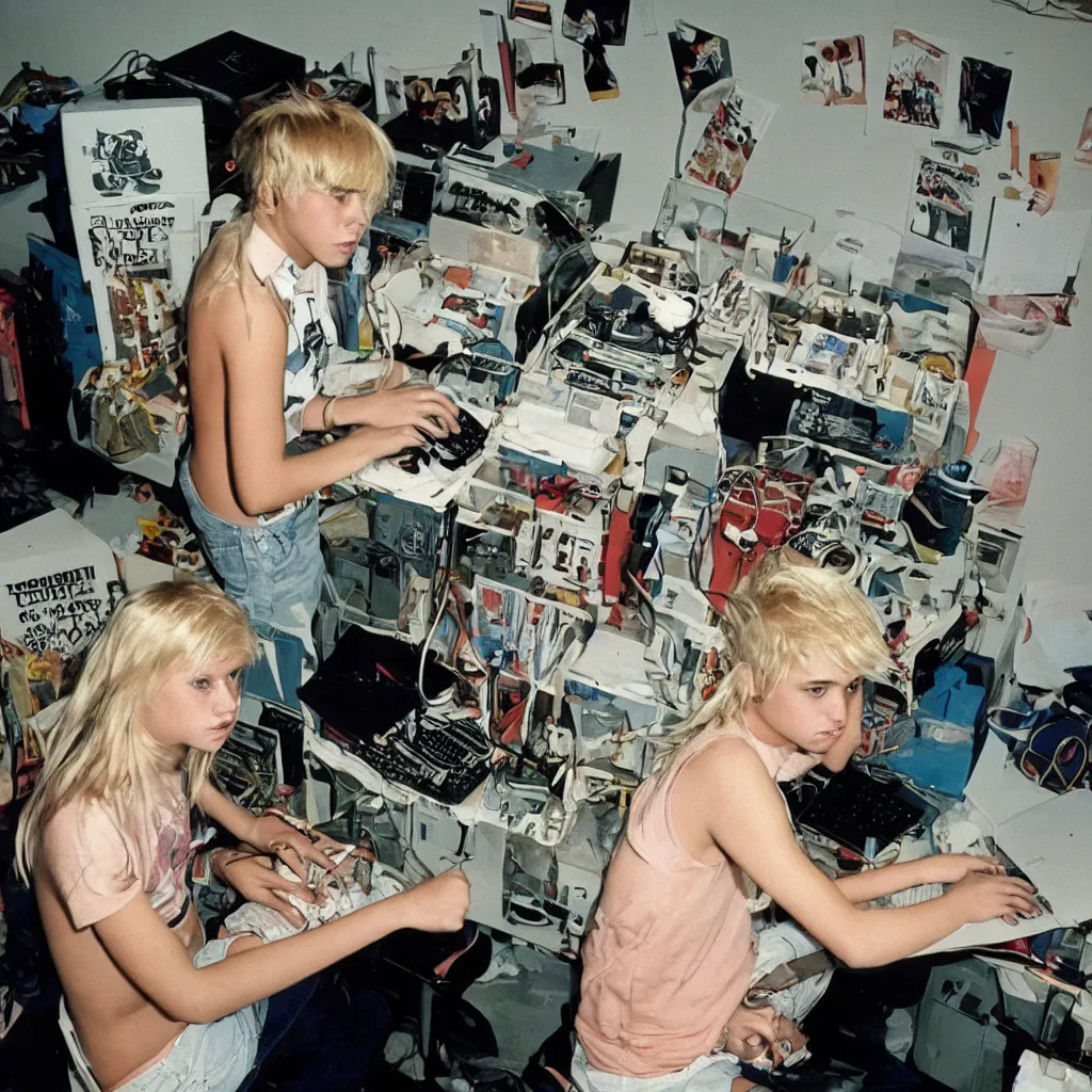 Prompt: a punk blonde teenager from behind working on a amiga 2000 connected to a sony v-5000 camera and genlock in his teen room, 1989, colors, Annie Leibovitz