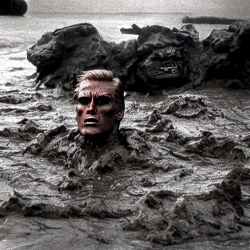 Prompt: the terminator disguised as donald trump, rising out of muddy vietnam river, face covered in mud, low camera angle at water level, night time, film still from apocalypse now ( 1 9 7 9 ), 2 6 mm,