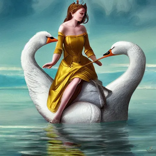 Image similar to a princess riding a giant swan in the lake, trending on artstation