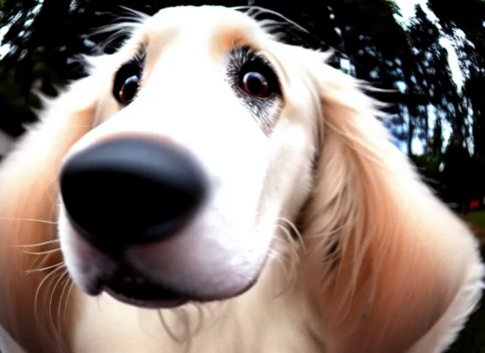 Prompt: a photo of a borzoi dogs face, fisheye lens