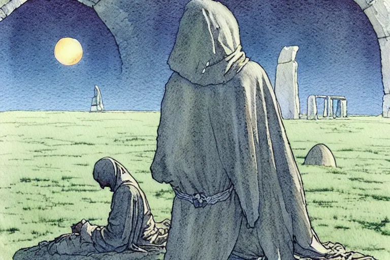 Prompt: a realistic and atmospheric watercolour fantasy concept art of a ufo landing in a massive stonehenge. medieval monk in grey robes on his knees praying. a crescent moon in the sky. muted colors. by rebecca guay, michael kaluta, charles vess and jean moebius giraud