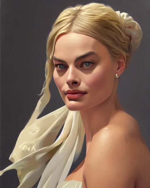 Prompt: Margot Robbie, oil on canvas, artstation, by J. C. Leyendecker and Edmund Blair Leighton and Charlie Bowater, octane