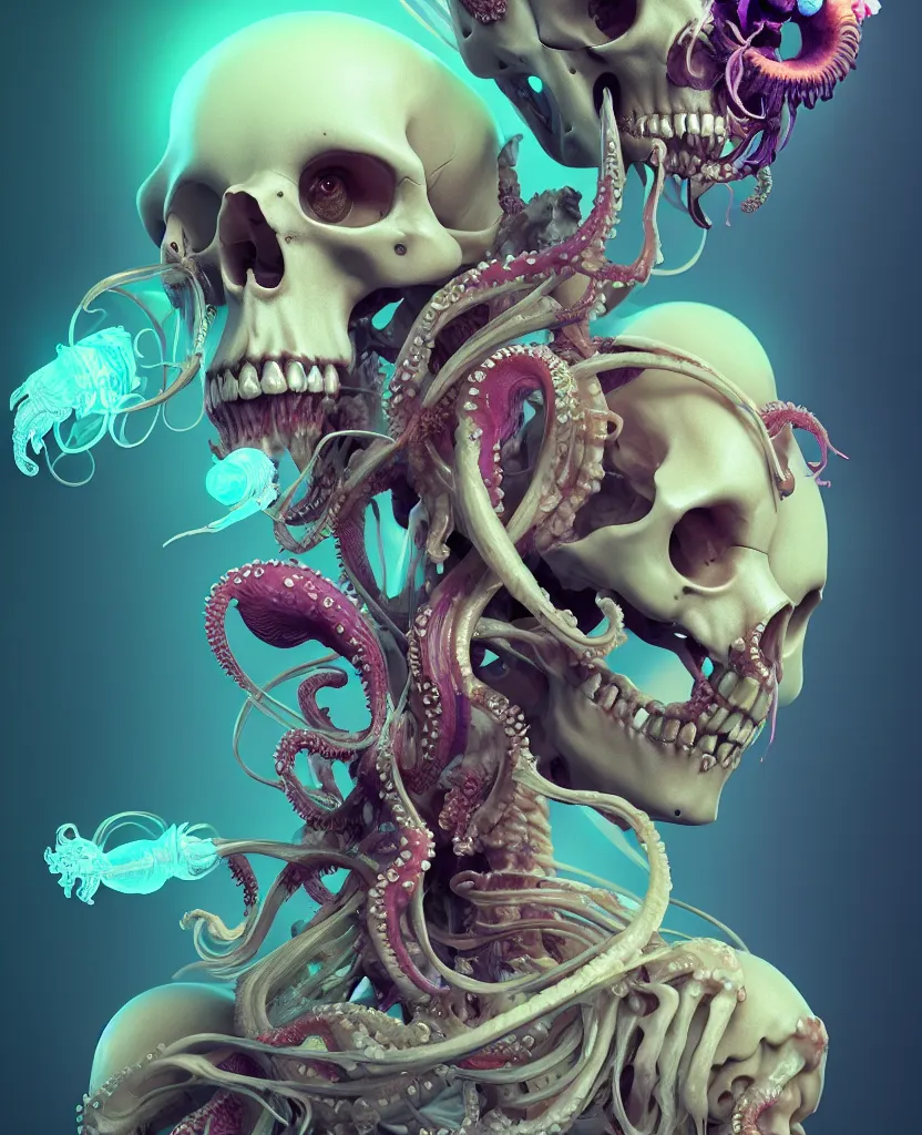 Image similar to goddess close - up portrait human skeleton, ram skull, squid phoenix jellyfish, orchid, betta fish, bioluminiscent, intricate artwork by tooth wu and wlop and beeple. octane render, trending on artstation, greg rutkowski very coherent symmetrical artwork. cinematic, hyper realism, high detail, octane render, 8 k