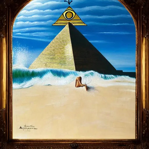 Prompt: hyper realistic detailed painting of tutankhamun surfing a big wave in the ocean next to a sunny beach with a pyramid with the all seeing eye by Andrei Tarkovsky, Adrian ghenie, Storm, Thorgerson, pastel colors, cinematic. Bekinski painting, masterpiece