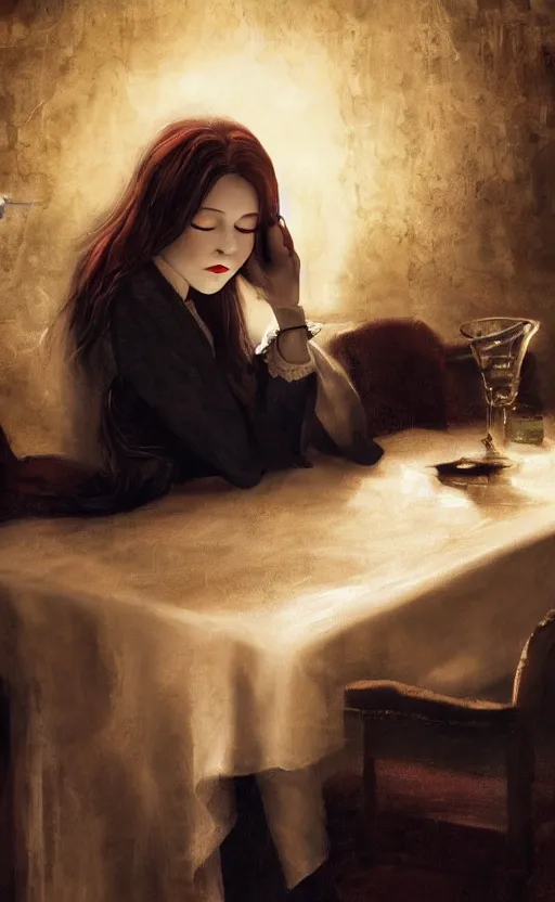 Image similar to a beautiful lady vampire falling asleep at a table, cinematic, art, epic, digital masterpiece, romantic lighting