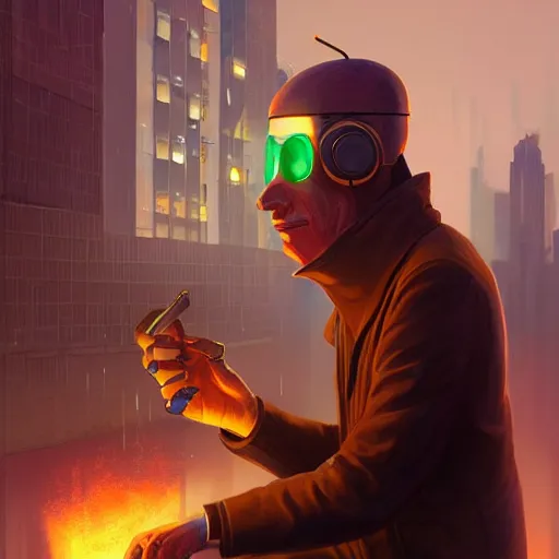Image similar to An android smoking a cigar in a cyberpunk setting by Evgeny Lushpin, Trending on Artstation