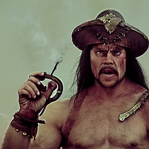 Image similar to conan the barbarian on a bicycle smoking a pipe in a sombrero, photorealistic