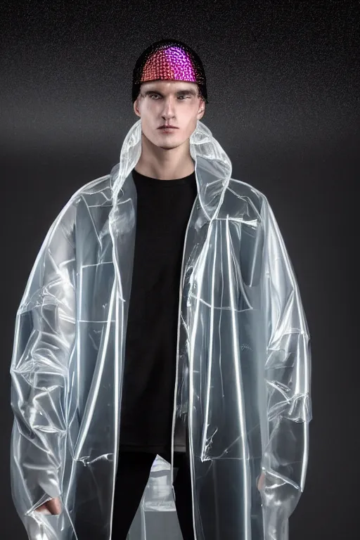 Image similar to an ultra high definition professional high fashion portrait studio full length photograph of a male model wearing a transparent pearlescent raincoat and neon visor in an icelandic black rock environment at dawn. no artefacts. extremely detailed. stark. refraction. shallow depth of field. volumetric light and shadow. ray tracing. light rays.