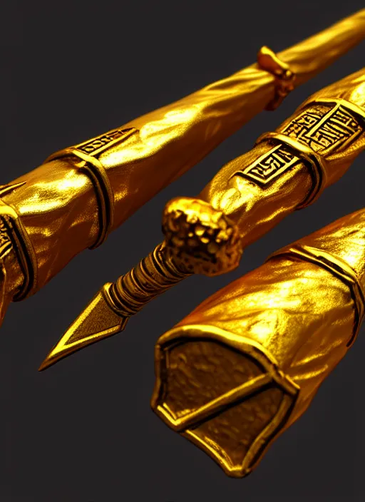 Image similar to rpg item render, a single egyptian gold staff, ancient symbols, bright, Unreal 5, DAZ, hyperrealistic, octane render, dynamic lighting