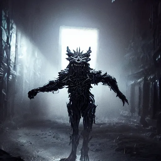 Image similar to full body pose, hyperrealistic photograph of a vile nightmare creature in the darkness, dim volumetric lighting, 8 k, octane beautifully detailed render, extremely hyper detailed, intricate, epic composition, cinematic lighting, masterpiece, trending on artstation, very very detailed, stunning, hdr, smooth, sharp focus, high resolution, award, winning photo, dslr, 5 0 mm