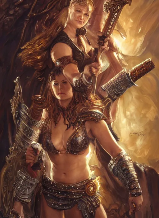 Image similar to Lucy Lawless as Xena as a ruggedly handsome hero holding an enormous large dual wielding sword, intricate, elegant, highly detailed, centered, digital painting, artstation, concept art, smooth, sharp focus, illustration, artgerm, donato giancola, Joseph Christian Leyendecker, WLOP, Boris Vallejo, Artgerm