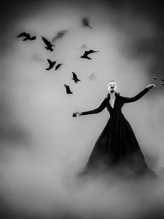 Image similar to portrait of iconic beautiful woman in sophisticated black dress keeping in hands white birds that flying apart turning to smoke and fire and dust. chaotic maximalistic surreal composition, 35mm double-exposure photo, thick fog, daylight, deep shadows, depth of field, cinematic lightning, wide angel, eerie atmosphere, motion blur, HD, smooth and very detailed quality, masterpiece, volumetric lightning, chromatic aberration, Richard Avedon, style of Ade Santora, Tatiana Gorilovsky, cinematic composition, occult, german expressionism, masterpiece, intricate detailed, deep rich palette, wide angel shot