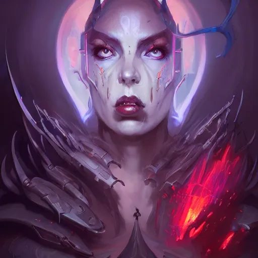 Image similar to a portrait of a beautiful demonic cybernetic grand duchess of hell, cyberpunk concept art by pete mohrbacher and wlop and artgerm and josan gonzales, digital art, highly detailed, intricate, sci-fi, sharp focus, Trending on Artstation HQ, deviantart, unreal engine 5, 4K UHD image