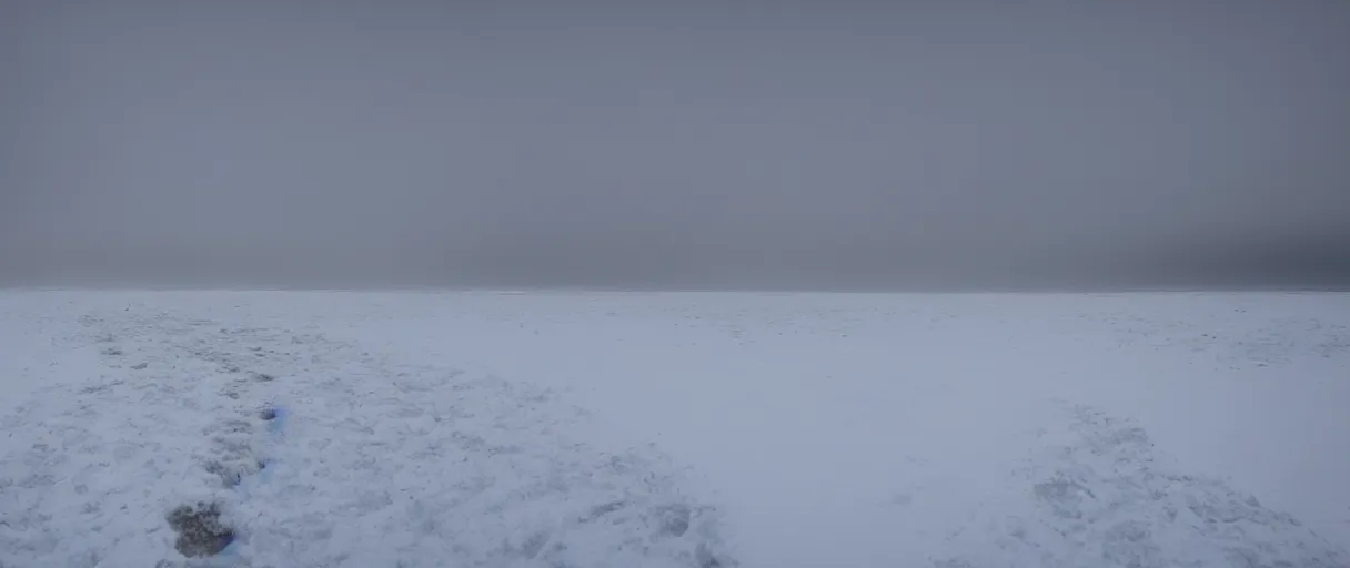 Image similar to a high quality color creepy atmospheric wide shot hd 4 k film 3 5 mm photograph of very heavy blizzard in desolate antarctica with a single trail of footsteps in the snow