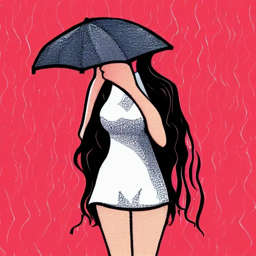 Girl Standing In The Rain Under An Umbrella Handdrawn Illustration Cartoon  Vector Clip Art Of A Rainy Cloud And Cute Young Woman Smiling With An  Umbrella Black And White Sketch Of A
